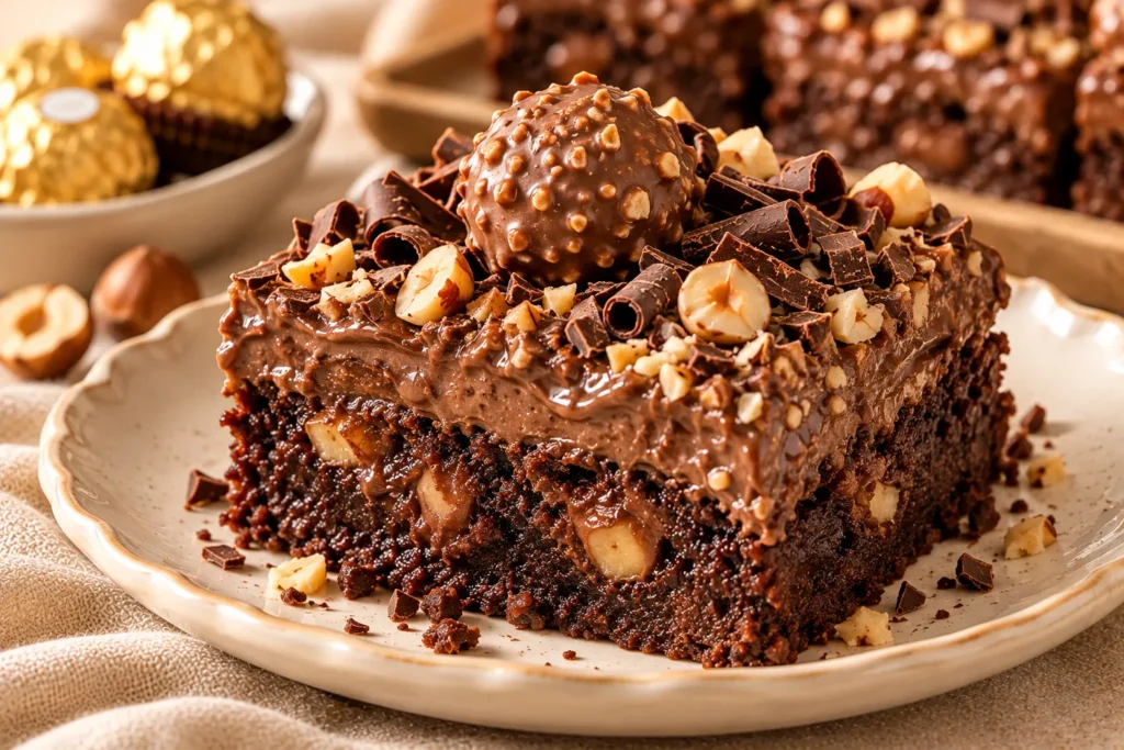 Close-up of a fudgy Ferrero Rocher brownie with a moist chocolate center, creamy hazelnut topping, and crunchy nuts.