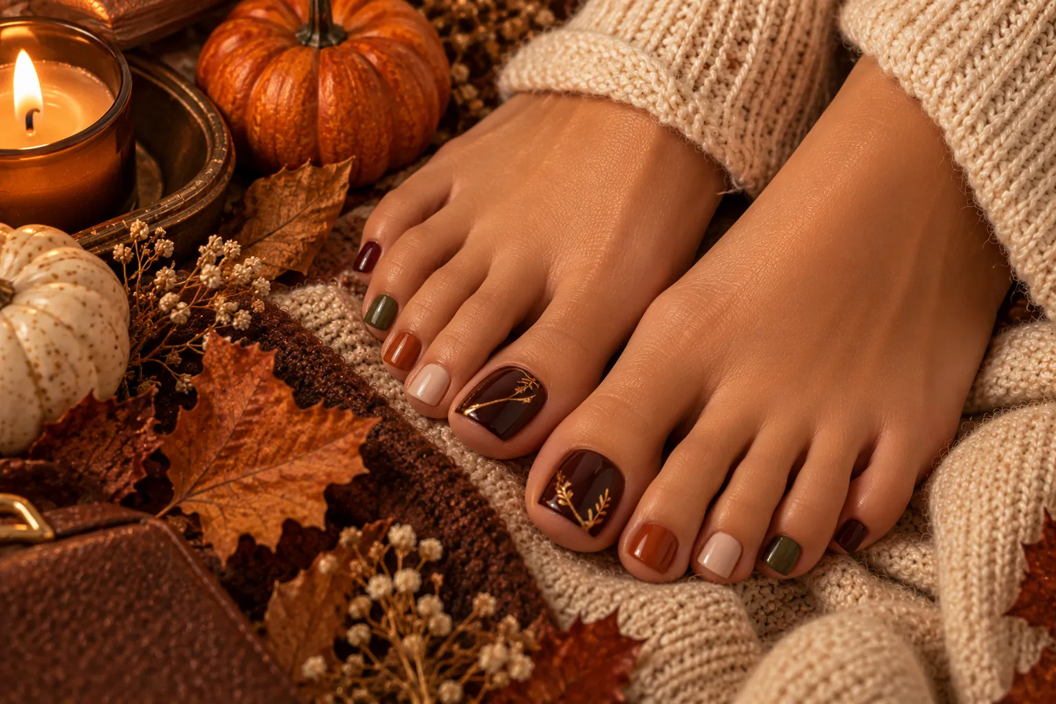 Elegant fall pedicure ideas in brown burgundy orange and neutral autumn colors