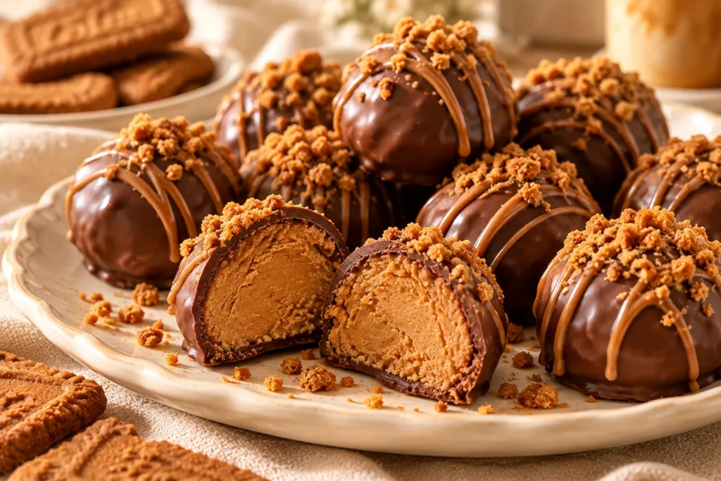 Chocolate-coated Biscoff truffle cut open to reveal a creamy golden cookie butter center.