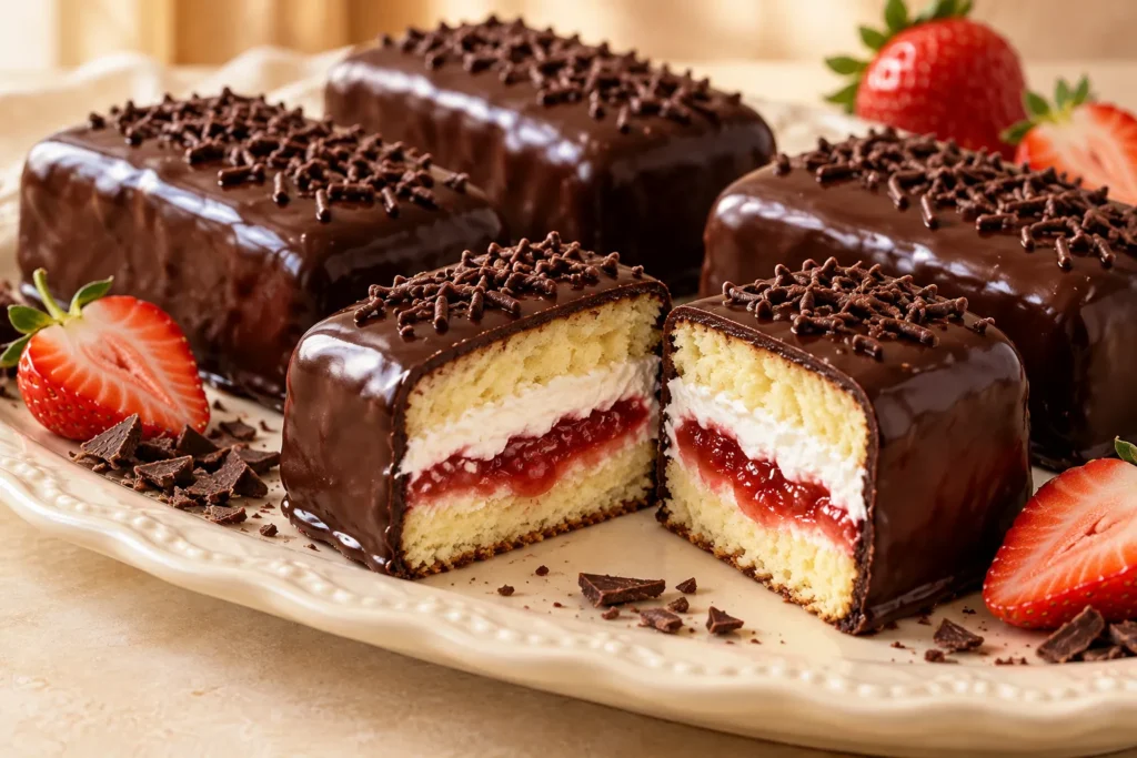 Homemade Pastel Gansito with soft vanilla cake, creamy filling, strawberry compote, and chocolate ganache.