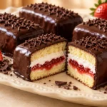 Homemade Pastel Gansito with soft vanilla cake, creamy filling, strawberry compote, and chocolate ganache.