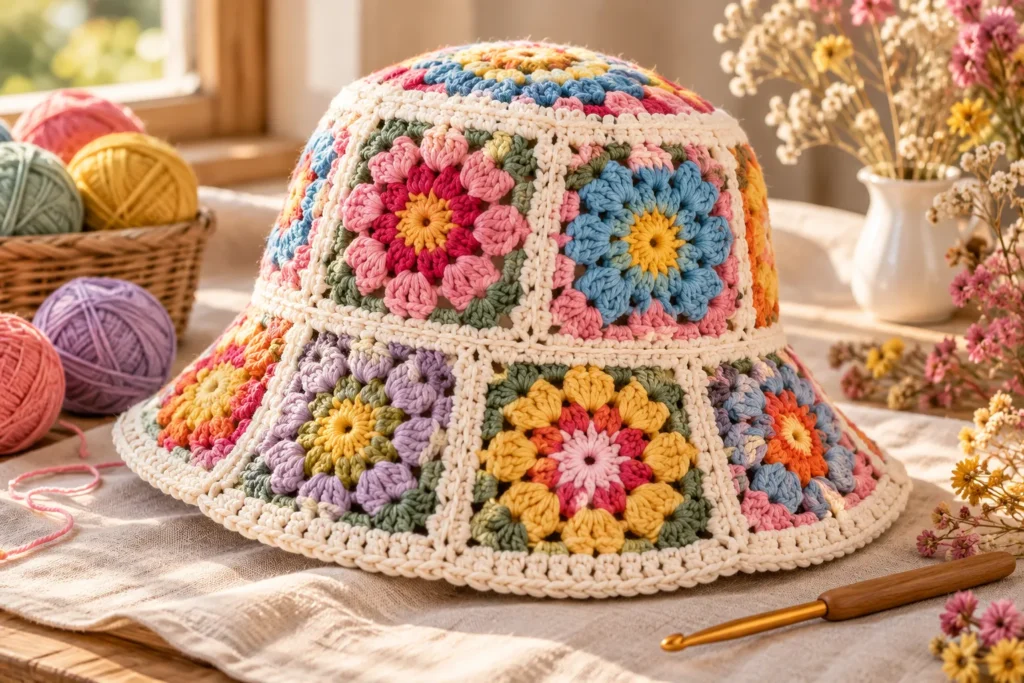 Colorful Granny Square Bucket Hat