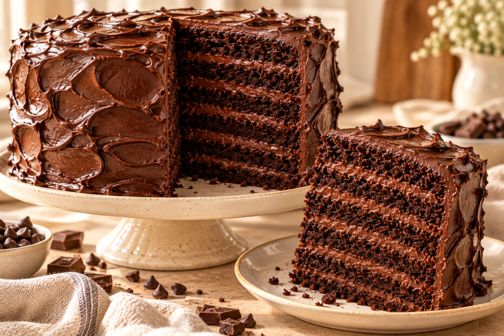 Slice of six-layer chocolate fudge cake showing moist chocolate sponge and thick chocolate icing between the layers.
