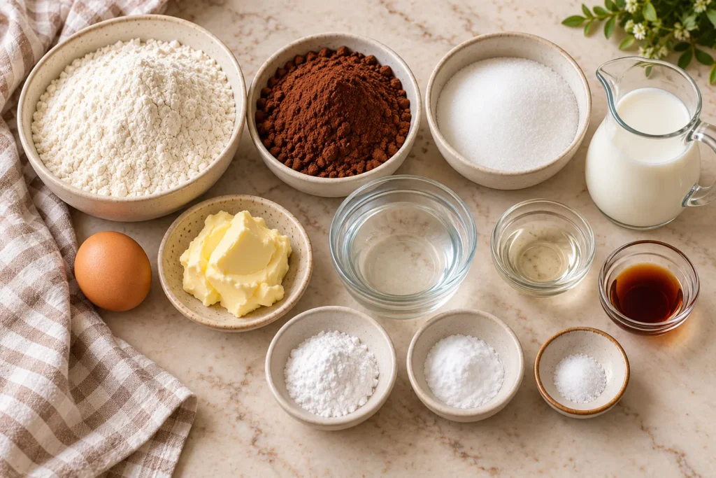 Flour, cocoa powder, sugar, egg, milk, butter, and other ingredients for moist chocolate cake.