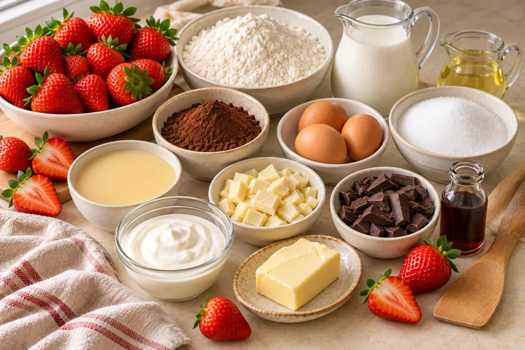Fresh strawberries, cocoa powder, condensed milk, white chocolate, cream, and baking ingredients for chocolate strawberry cake.