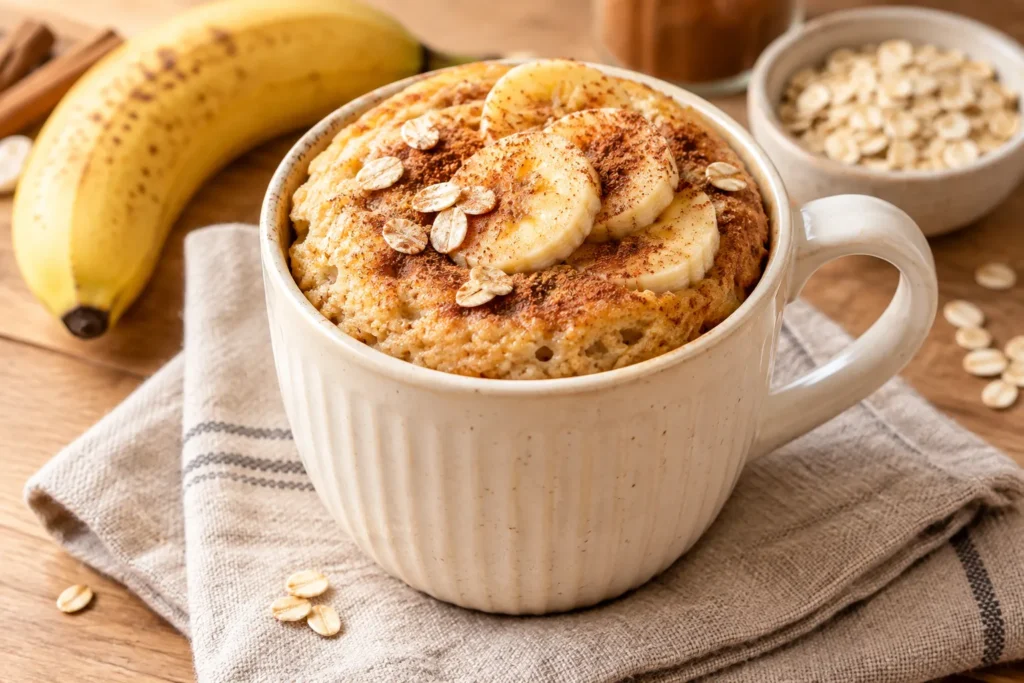 Healthy oat banana mug cake topped with fresh banana slices and cinnamon.