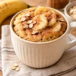 Healthy oat banana mug cake topped with fresh banana slices and cinnamon.