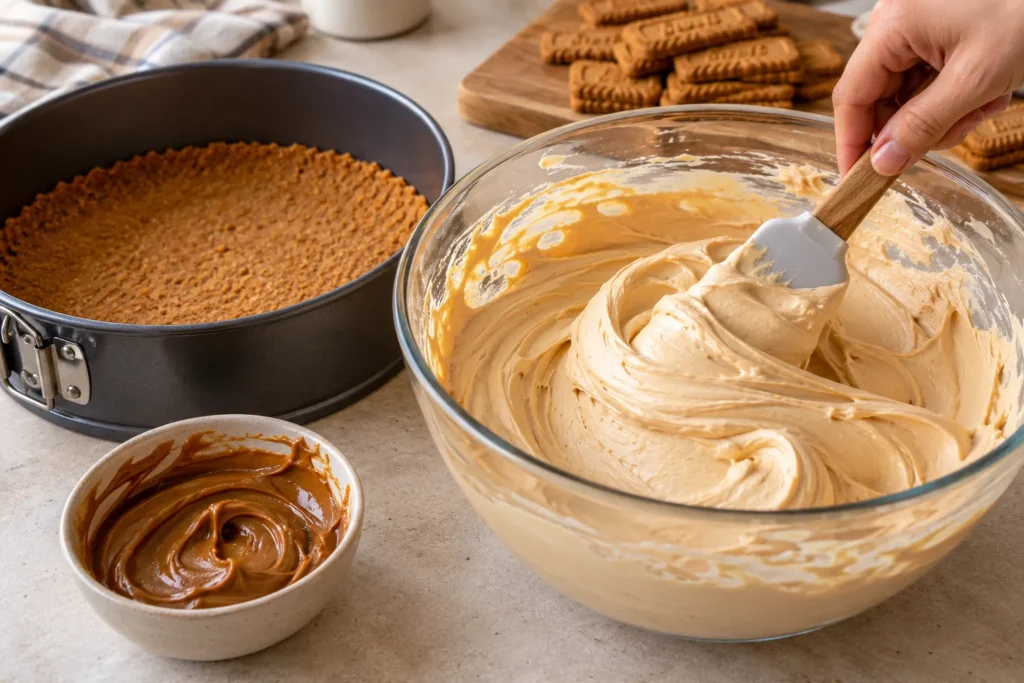 Folding creamy Biscoff cheesecake filling with a spatula beside a prepared biscuit crust.