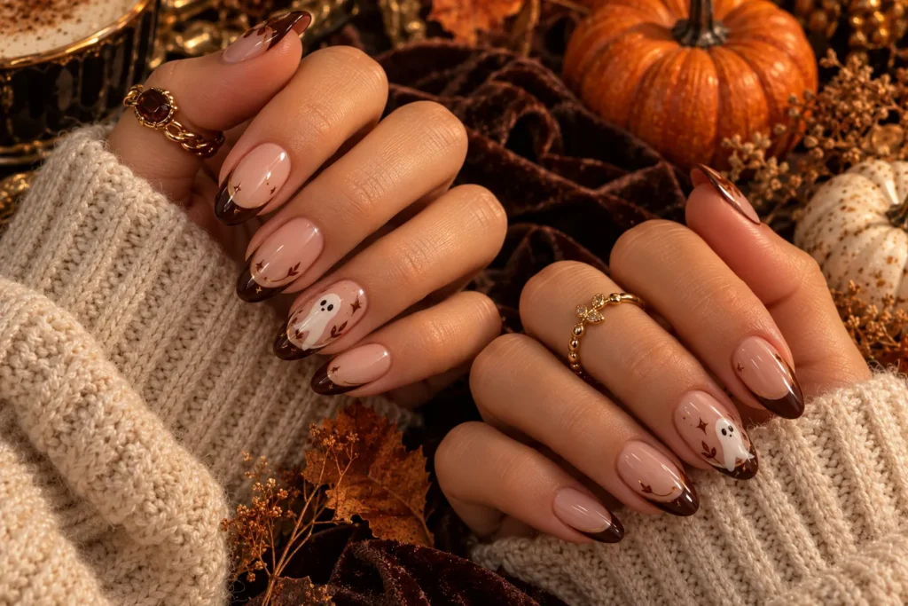 Brown ghost French tip Halloween nails with a chic fall manicure