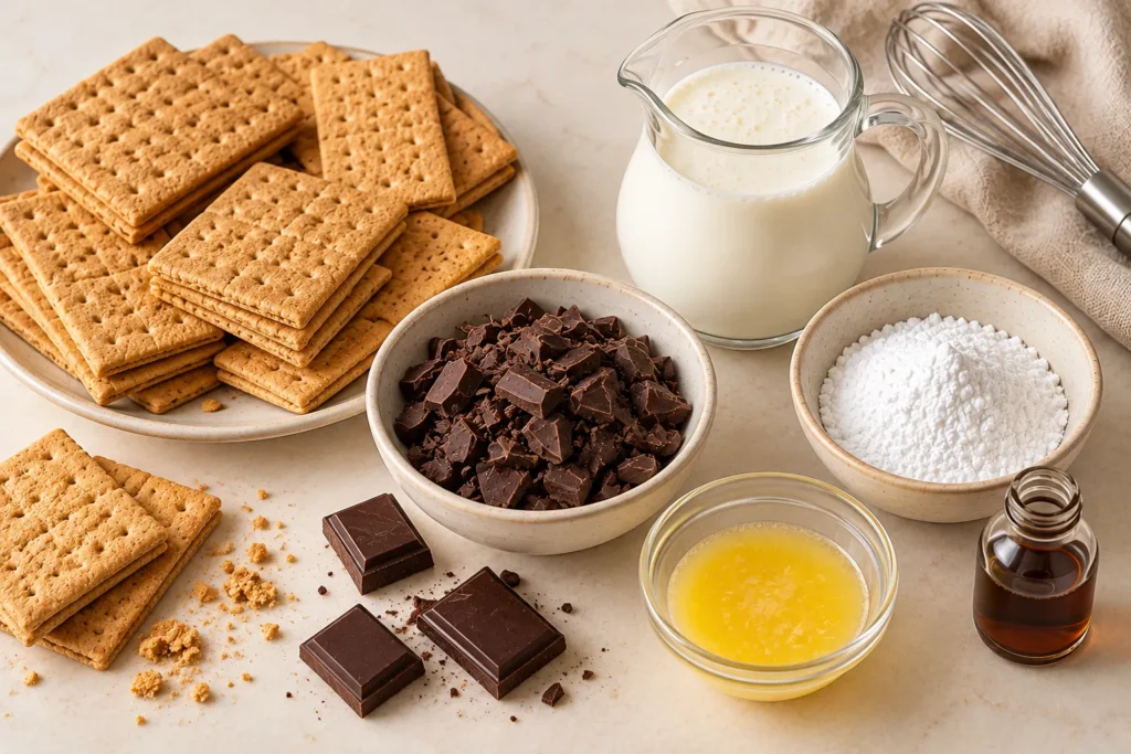 Graham crackers, chocolate, whipping cream, powdered sugar, and vanilla for a no-bake chocolate cake.