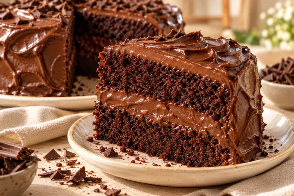 Slice of moist Matilda chocolate cake with thick chocolate ganache filling and glossy chocolate frosting.