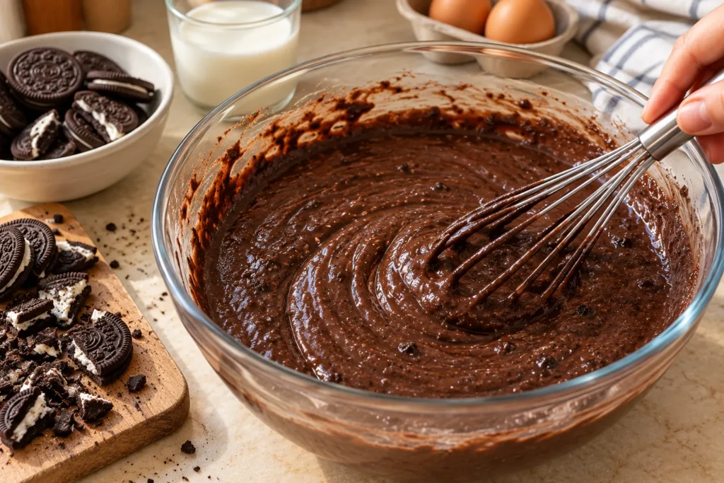 Mixing crushed Oreo cookies, milk, and eggs into chocolate batter for steamed cake.