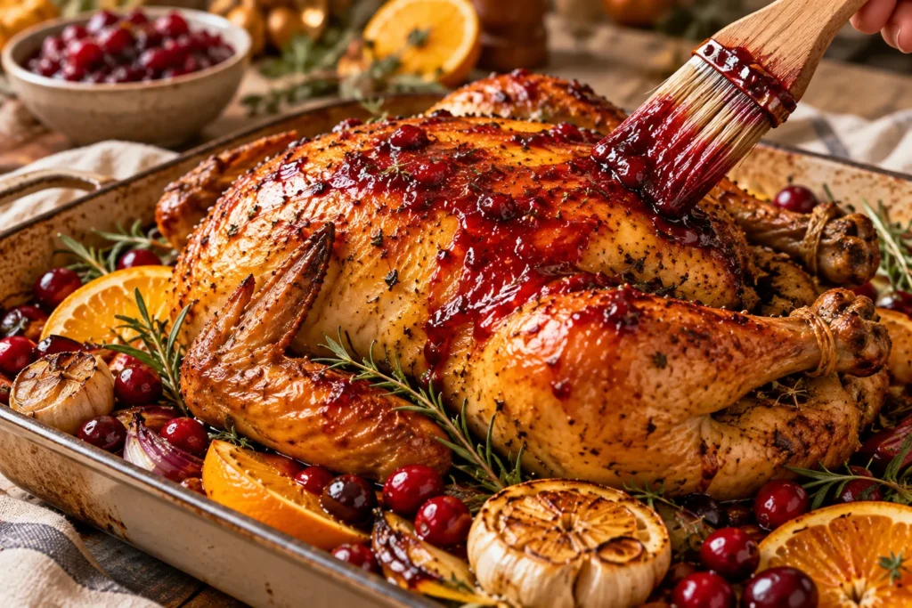 Roast chicken being coated with glossy cranberry maple glaze before finishing in the oven.