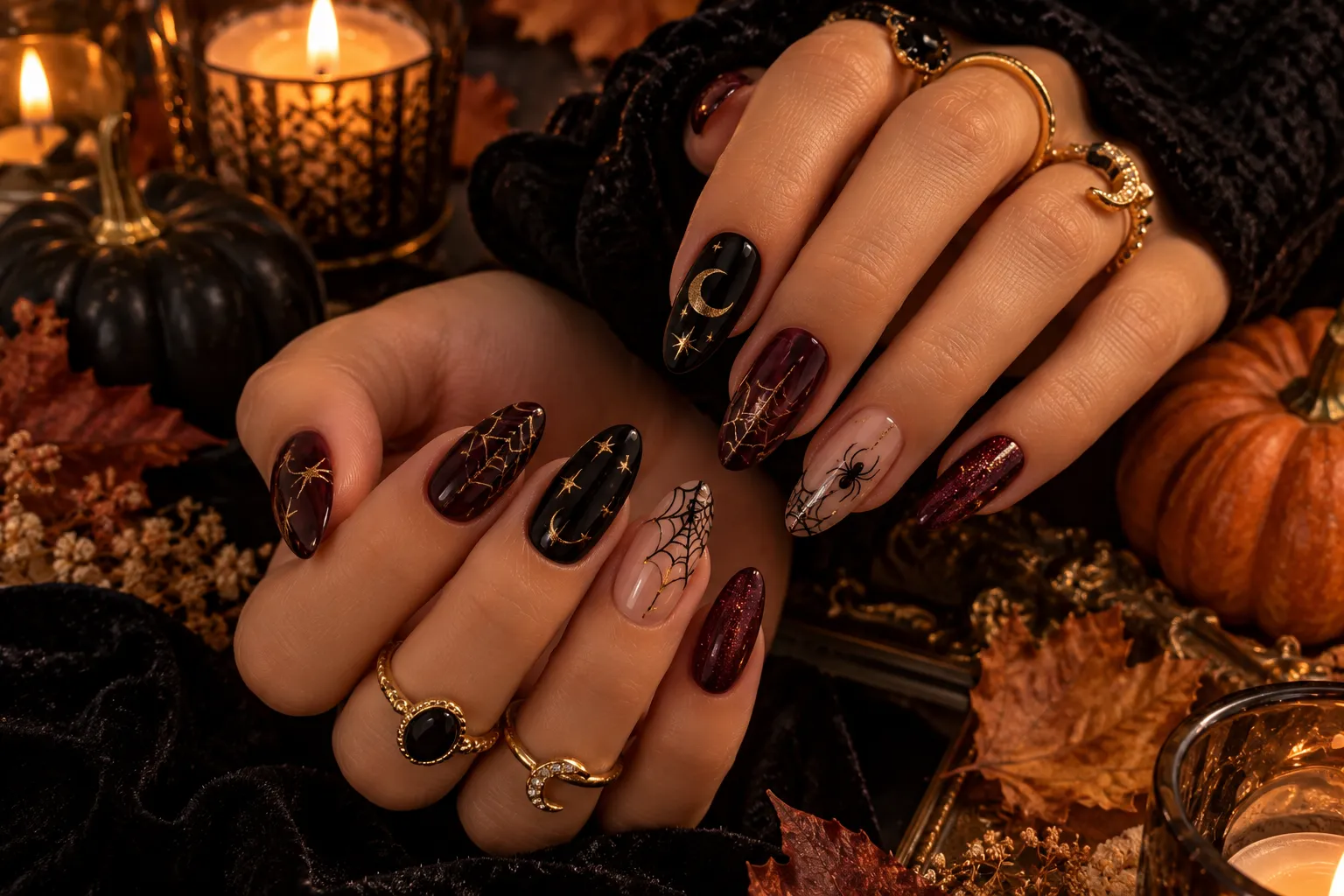 Witchy and chic Halloween nail art with black, burgundy and gold details