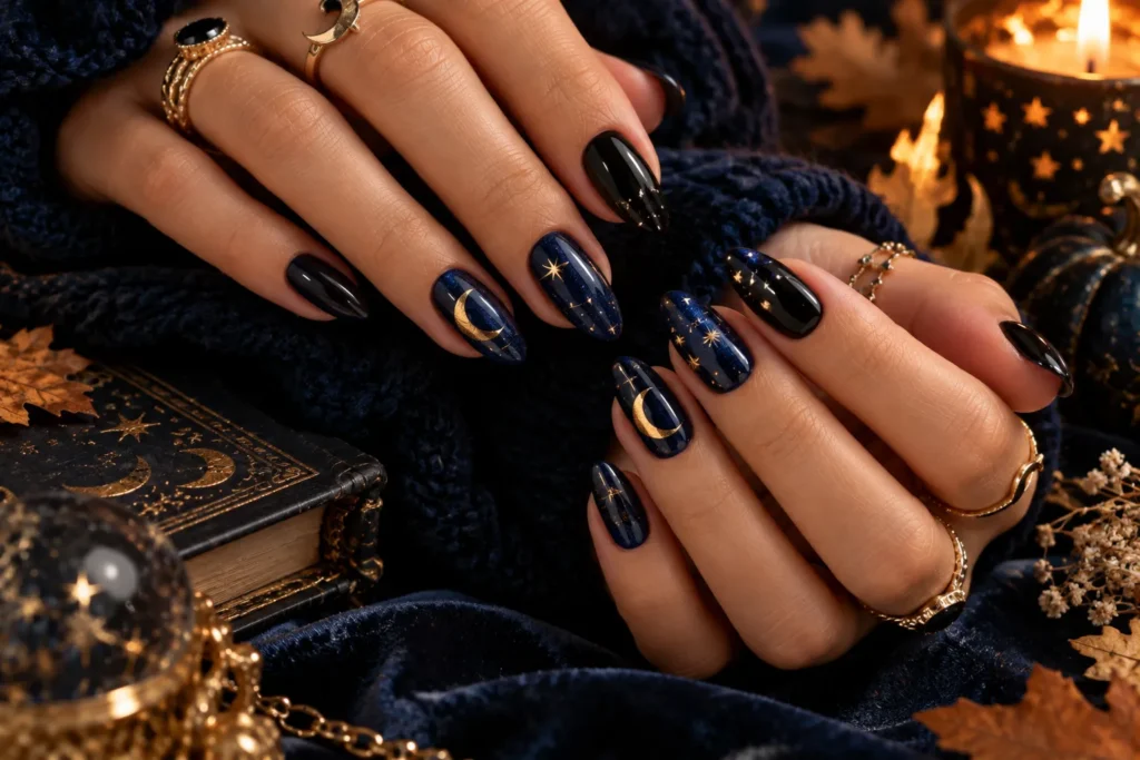 Midnight blue Halloween nails with crescent moons and stars
