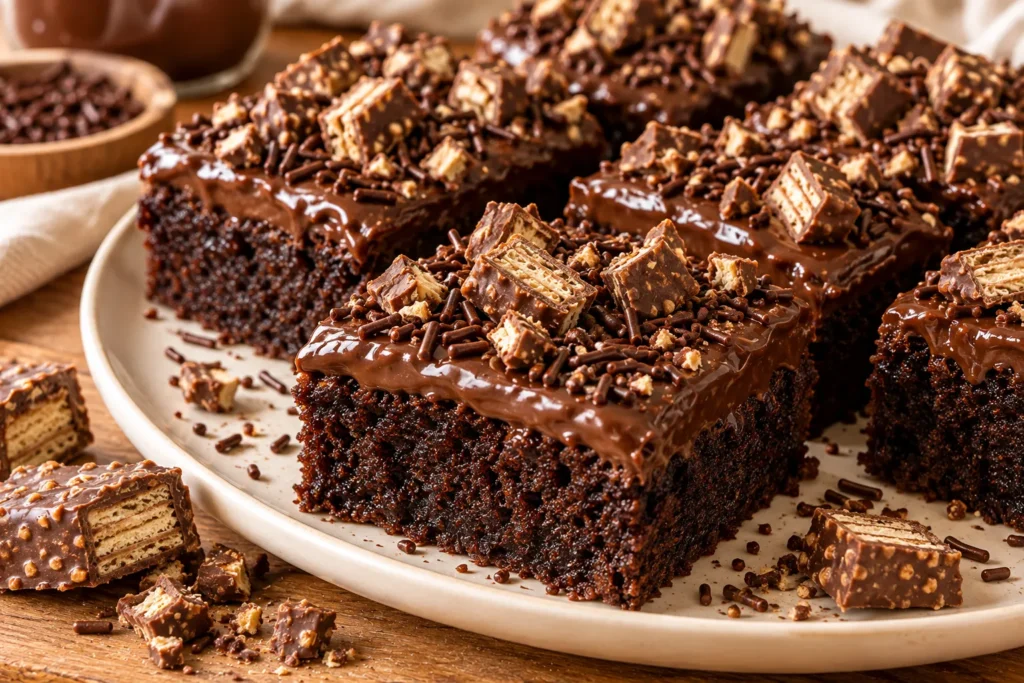 Steamed chocolate brownies topped with chocolate glaze, sprinkles, and chopped chocolate wafer bars.