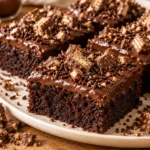 Steamed chocolate brownies topped with chocolate glaze, sprinkles, and chopped chocolate wafer bars.
