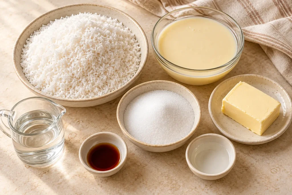 Ingredients for Bala Baiana, including shredded coconut, condensed milk, butter, sugar, and water.