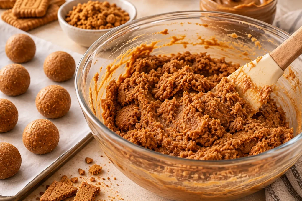 Crushed Biscoff cookie crumbs mixed with creamy cookie butter to make no-bake truffle centers.
