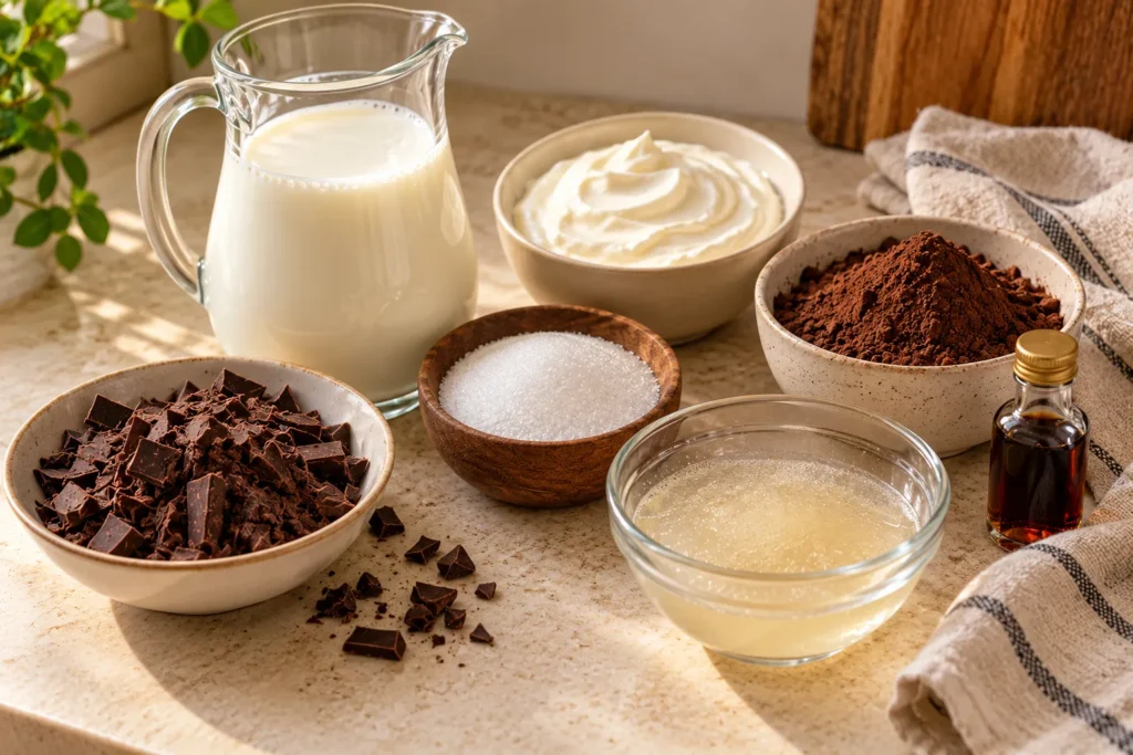 Milk, cream, cocoa powder, chopped chocolate, sugar, gelatin, and vanilla arranged for chocolate gelatin.