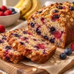 Homemade banana berry oat bread with a golden crust and juicy blueberries and raspberries baked throughout.