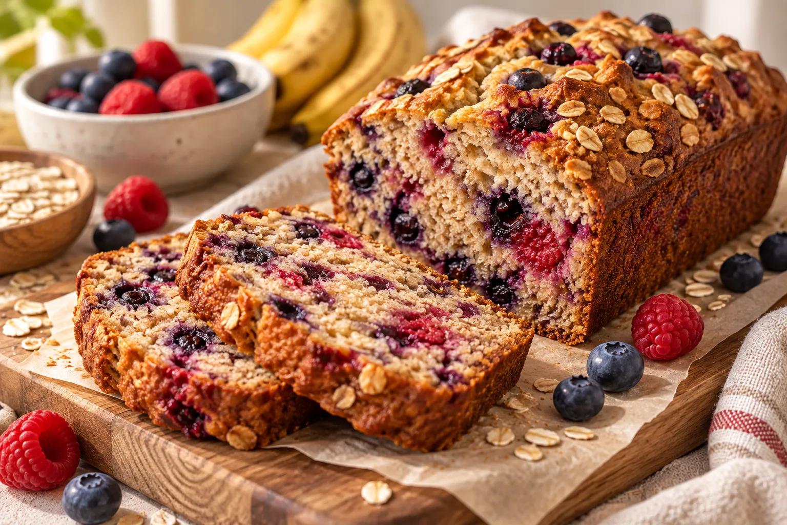 Homemade banana berry oat bread with a golden crust and juicy blueberries and raspberries baked throughout.