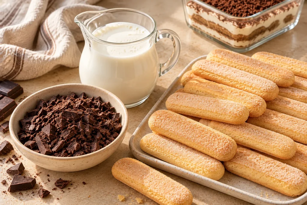 Three main ingredients for chocolate tiramisu: chocolate, heavy whipping cream, and ladyfinger biscuits.