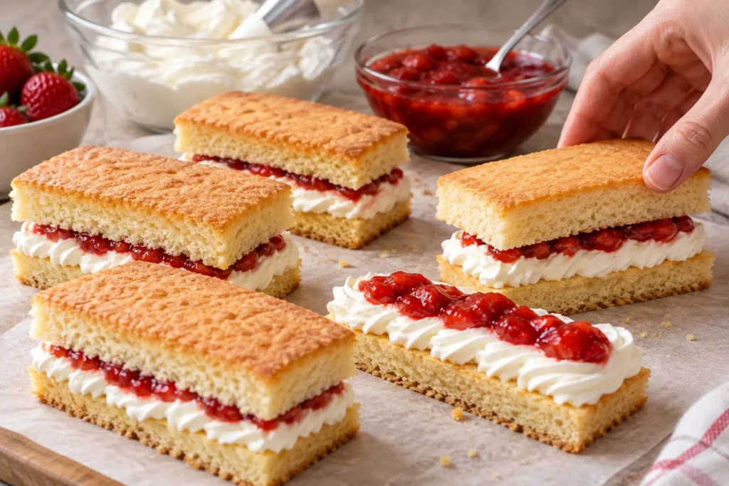 Homemade chocolate-covered Pastel Gansito cakes with vanilla sponge, white cream, and strawberry filling.
