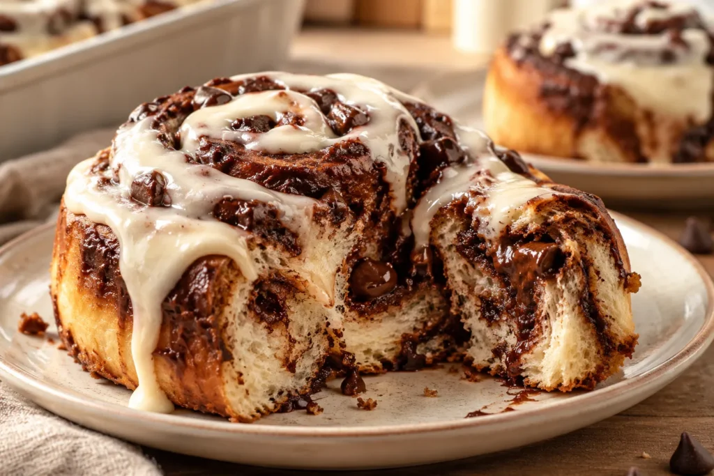 Soft chocolate cinnamon roll pulled apart to reveal its chocolate spiral, melted chocolate, and cream cheese frosting.