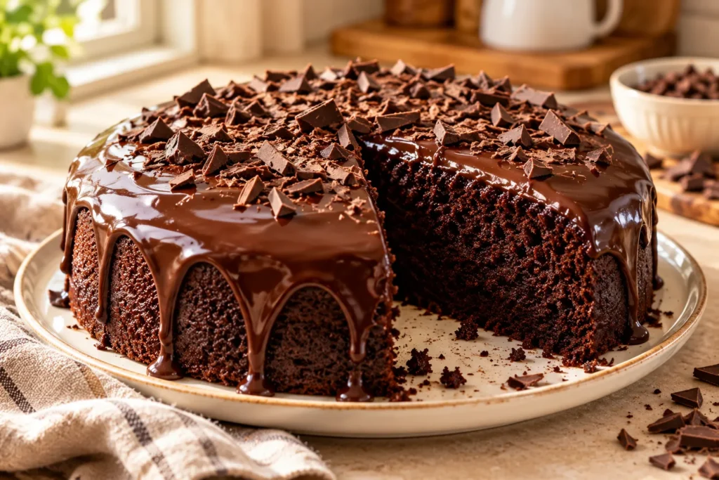 Homemade moist chocolate cake with glossy chocolate ganache on a cream plate.