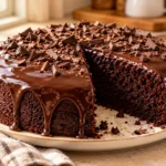 Homemade moist chocolate cake with glossy chocolate ganache on a cream plate.
