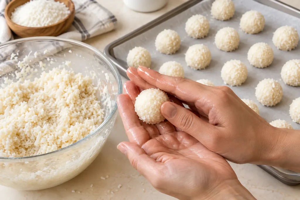 Homemade coconut filling rolled into small balls before dipping in caramel.