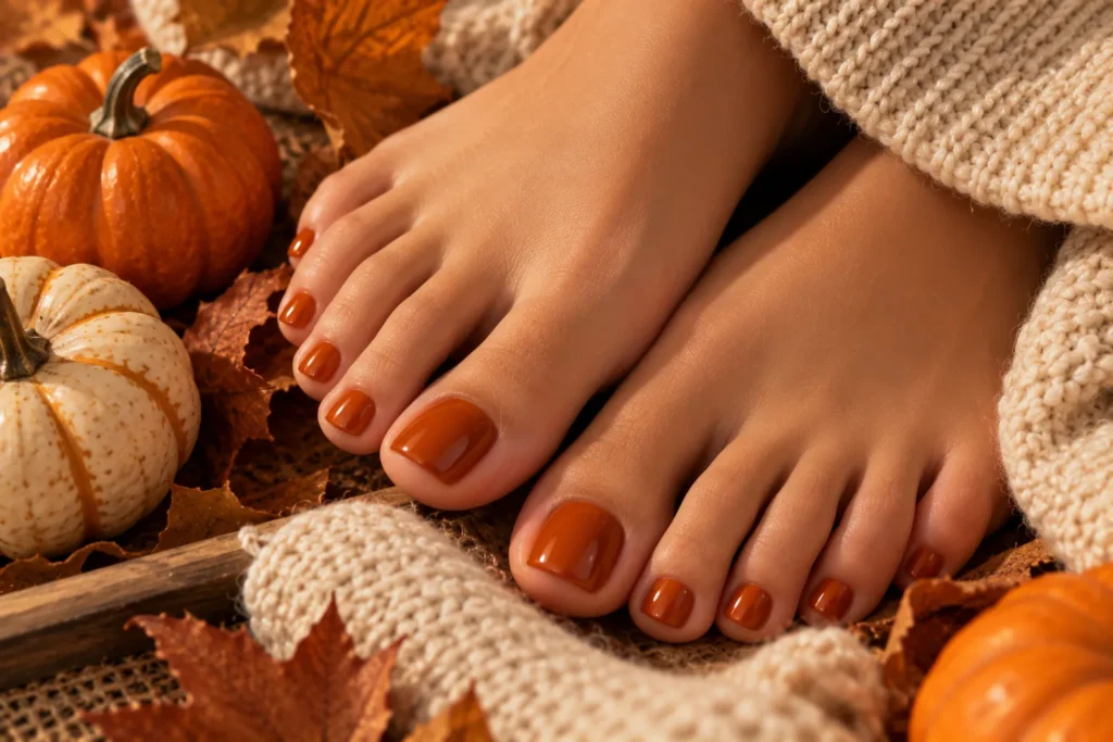 Pumpkin orange autumn pedicure with cozy fall styling