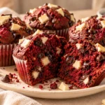 Homemade red velvet chocolate chip muffins topped with white chocolate chunks and showing a moist red crumb.