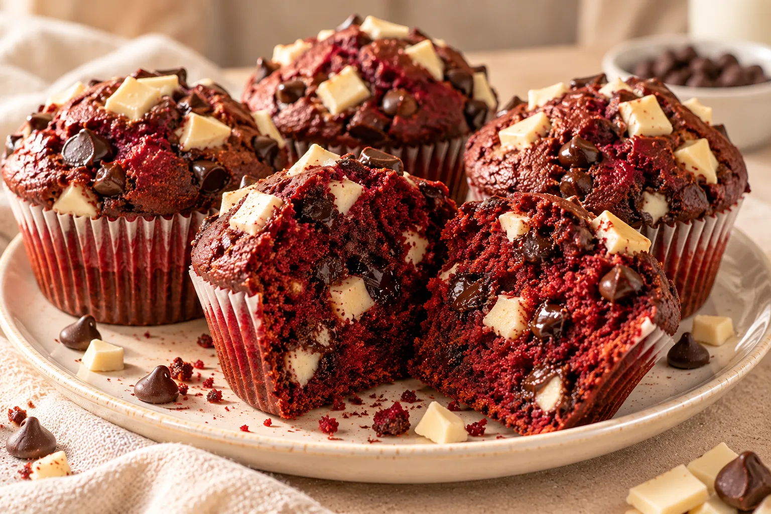 Homemade red velvet chocolate chip muffins topped with white chocolate chunks and showing a moist red crumb.