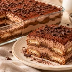 Three-ingredient no-bake chocolate tiramisu with creamy chocolate layers and soft ladyfinger biscuits.