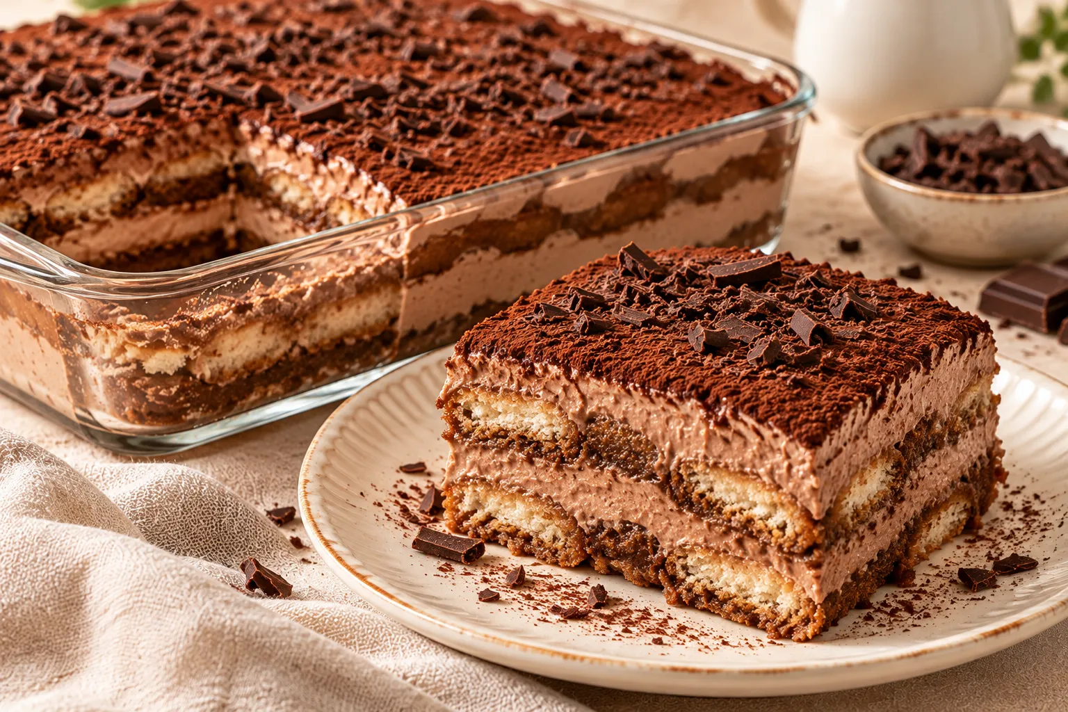 Three-ingredient no-bake chocolate tiramisu with creamy chocolate layers and soft ladyfinger biscuits.