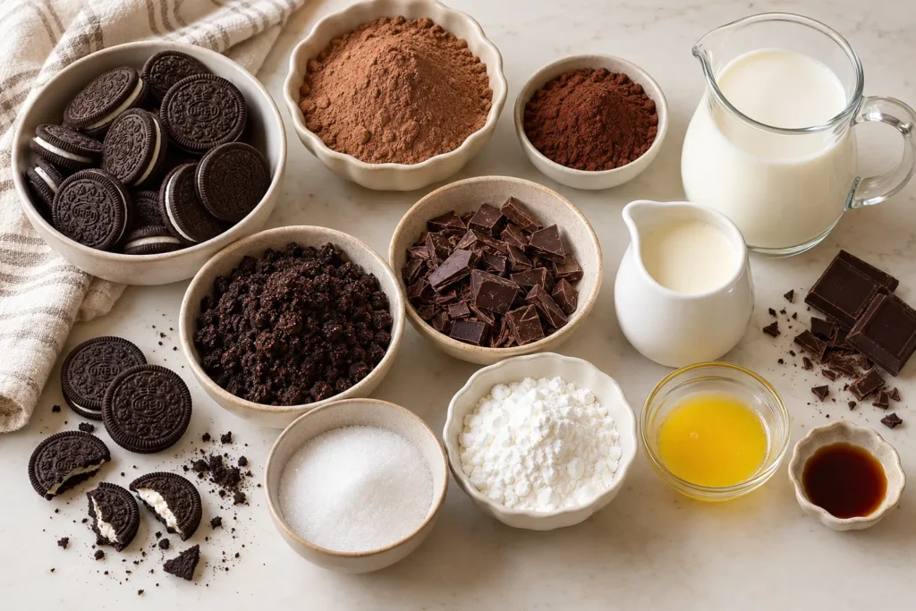 Oreo cookies, Milo malt chocolate powder, cocoa, chocolate, milk, cream, and sugar for triple-layer pudding.