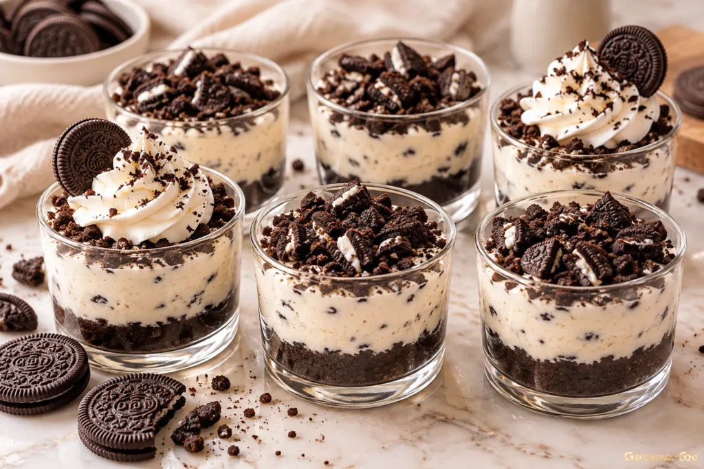 No-bake mini Oreo cheesecake cups with a chocolate cookie crust, creamy filling, and crushed Oreo topping.
