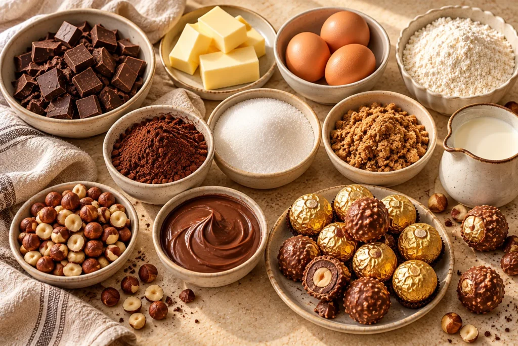 : Ingredients for Ferrero Rocher brownies, including dark chocolate, cocoa, hazelnuts, chocolate-hazelnut spread, and eggs.