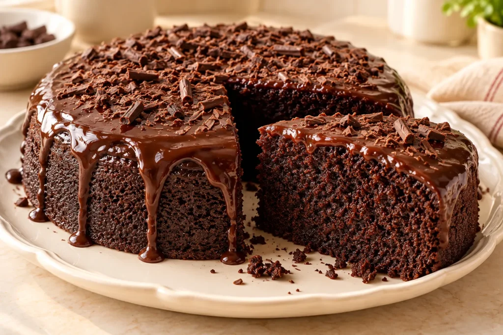 Super soft and fudgy steamed chocolate cake with a moist chocolate crumb.
