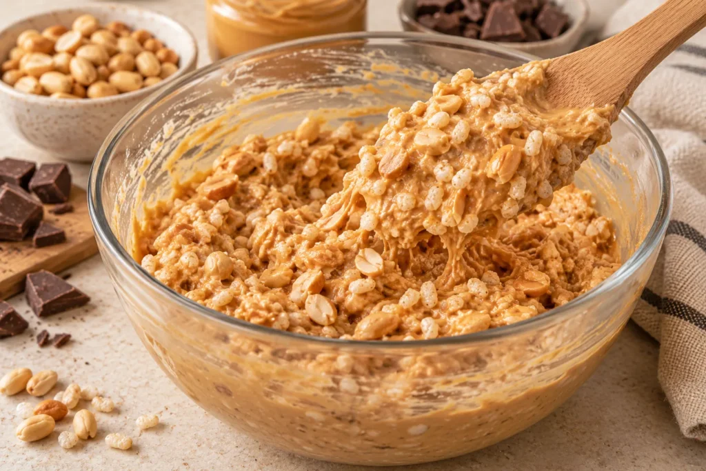 Creamy peanut butter filling mixed with roasted peanuts and crispy rice cereal for homemade chocolate bars.
