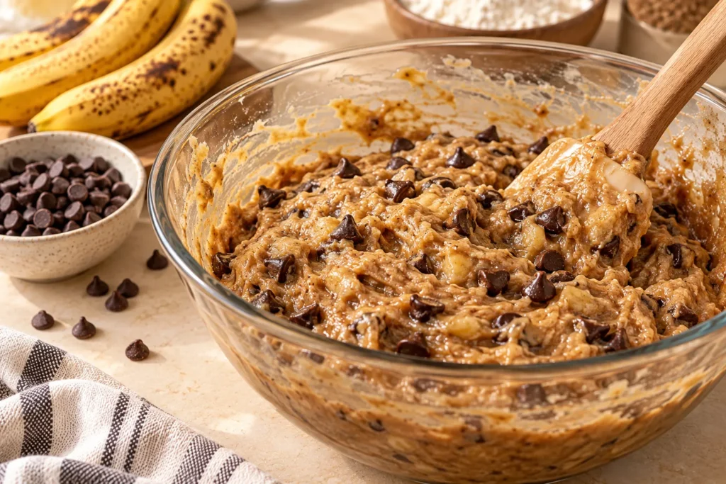 Mashed ripe bananas and chocolate chips being folded into banana bread batter in a mixing bowl.