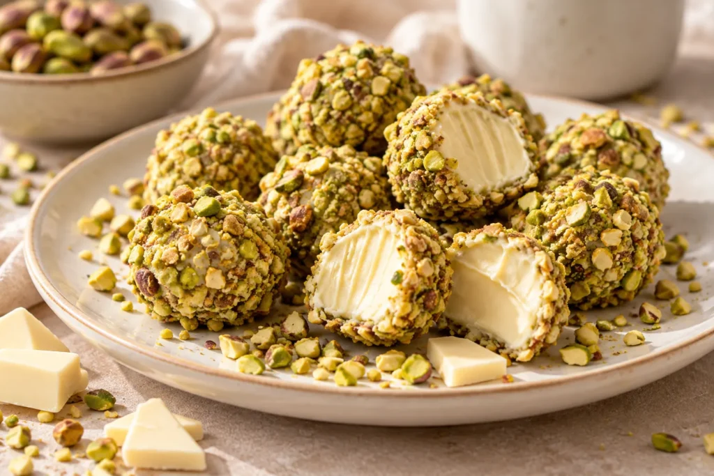 Finely chopped pistachios folded into creamy white chocolate ganache for truffles.
