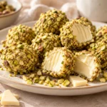 Finely chopped pistachios folded into creamy white chocolate ganache for truffles.