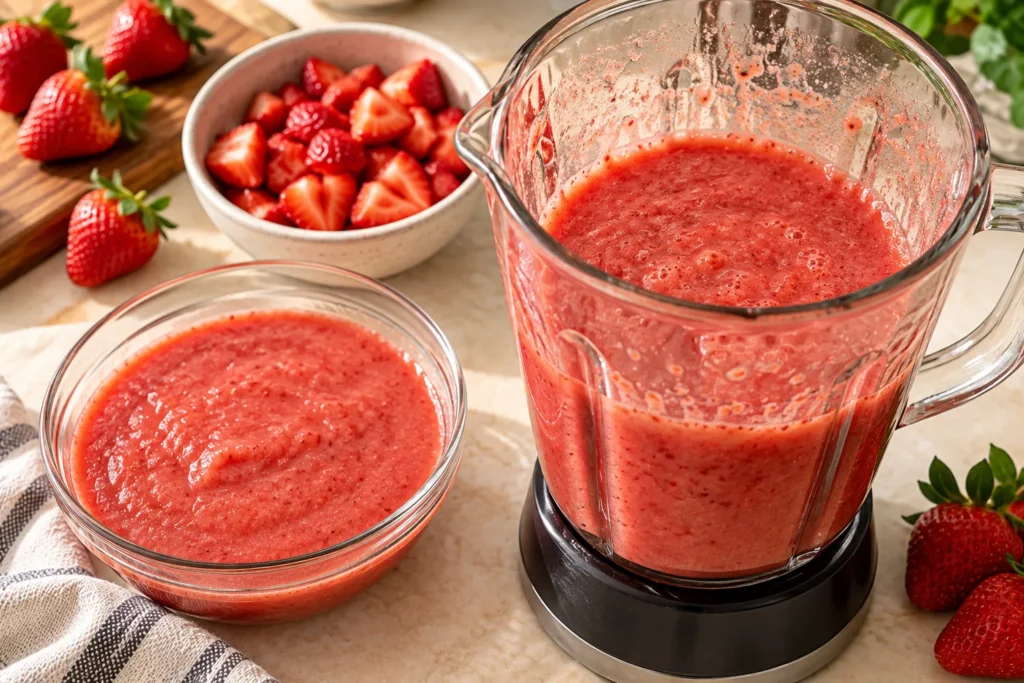 Fresh strawberries blended into a smooth pink puree for homemade strawberry ice cream.