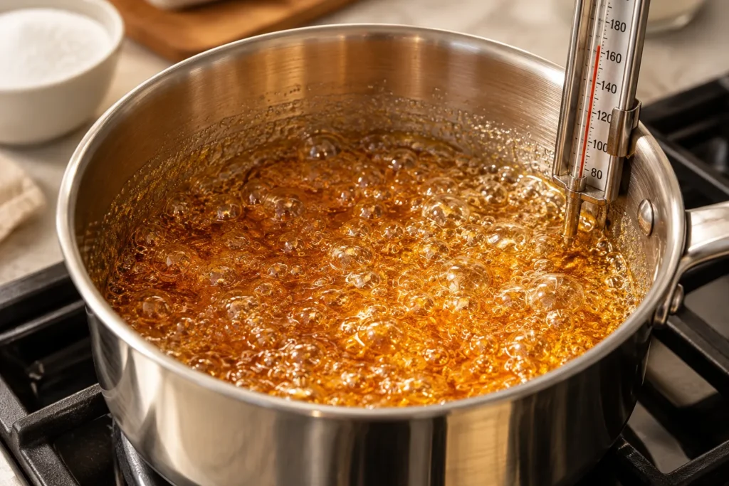 Golden caramel syrup reaching the hard-crack stage for crispy Bala Baiana candies.