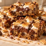 Homemade S’mores Cookie Bars with chocolate chips, toasted marshmallows, and crunchy graham crackers.