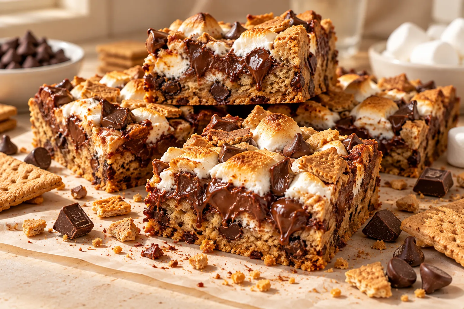 Homemade S’mores Cookie Bars with chocolate chips, toasted marshmallows, and crunchy graham crackers.