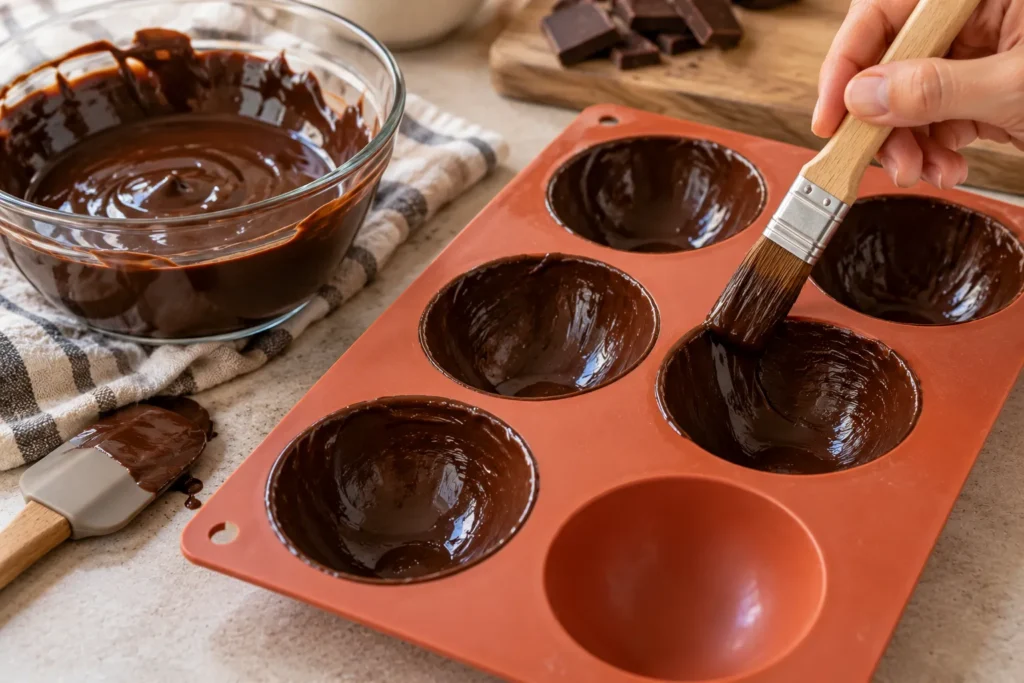 Brushing melted dark chocolate inside silicone half-sphere molds to create chocolate dome shells.